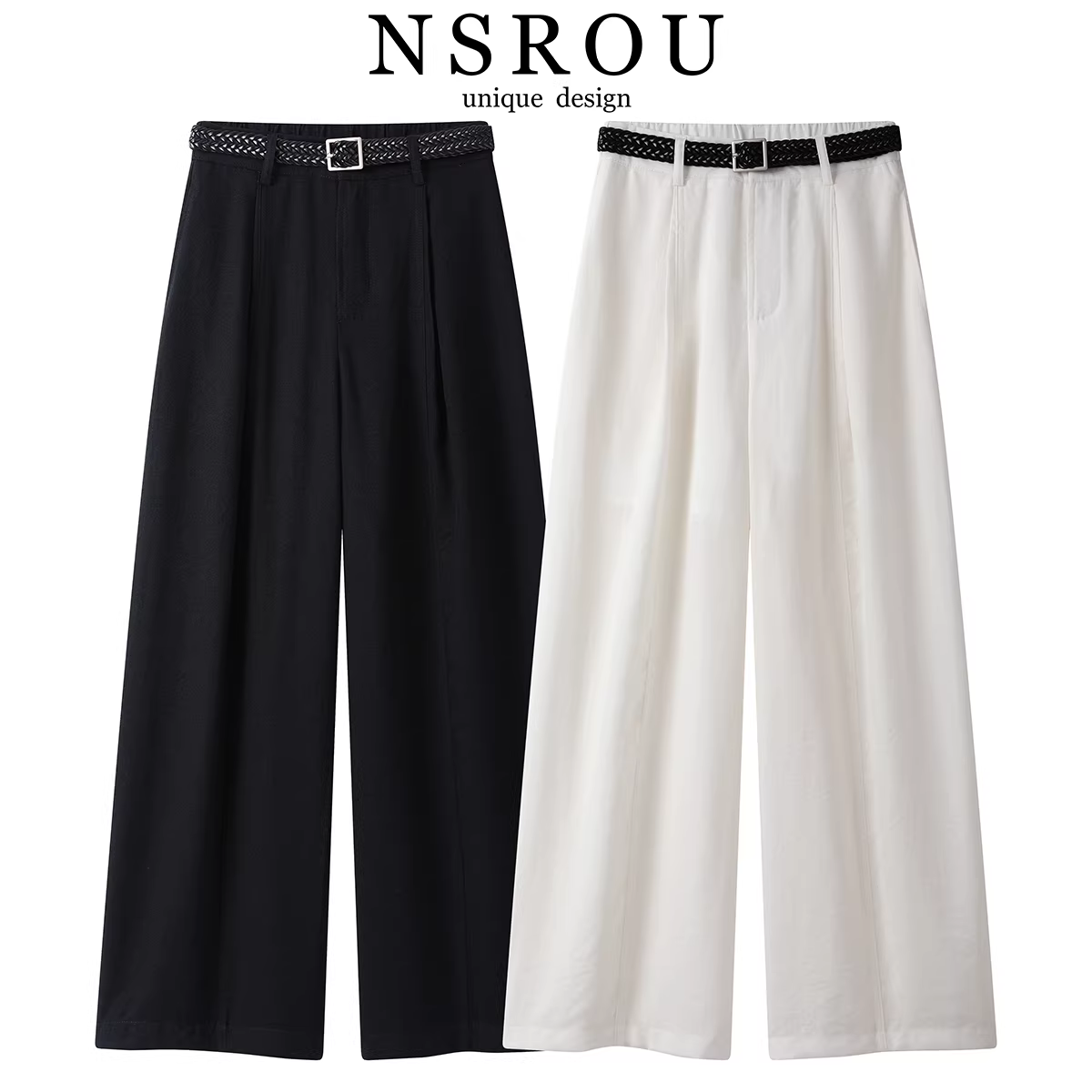 NSROU Quần ống rộng màu trắng đa năng phong cách Hàn Quốc dành cho nữ, quần dài ống đứng xếp nếp mùa hè mới