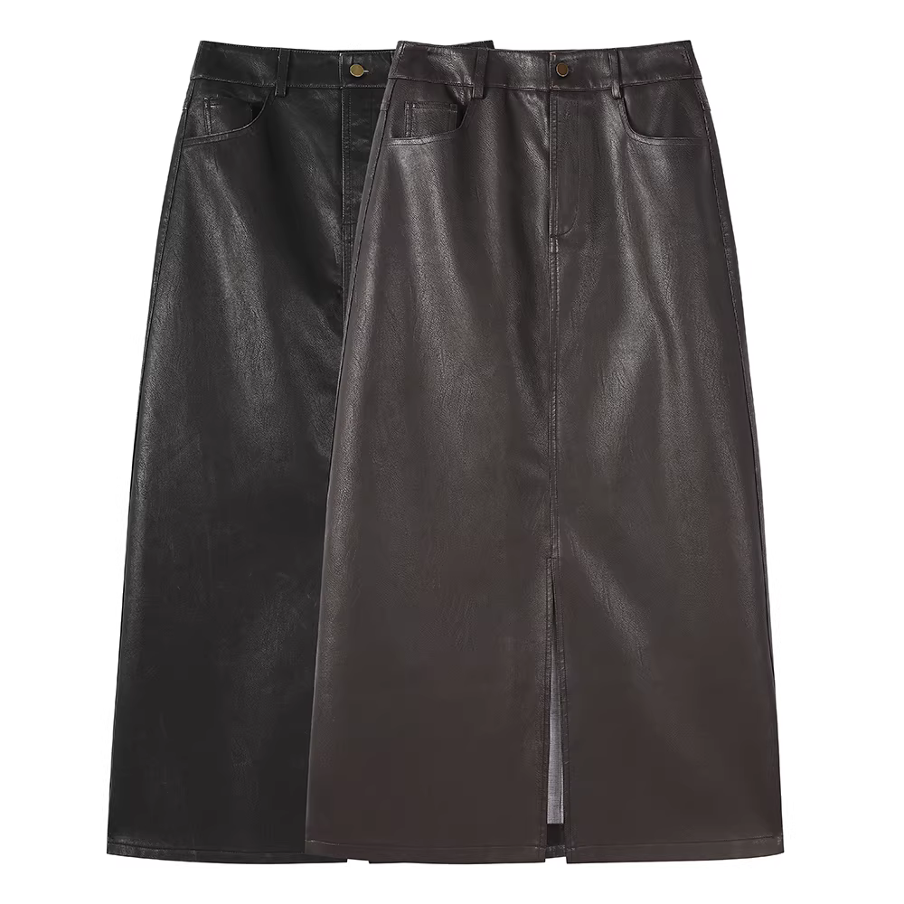 Váy nhung Melard màu nâu cổ điển Váy da dành cho nữ trong mùa thu đông váy dài ôm sát hông dáng chữ A có đường xẻ eo cao