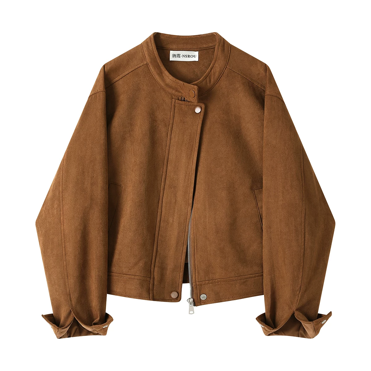 Áo khoác da lộn ngắn màu cà phê cổ điển cao cấp NSROU dành cho nữ, áo dáng rộng đa năng và sành điệu cho mùa thu.