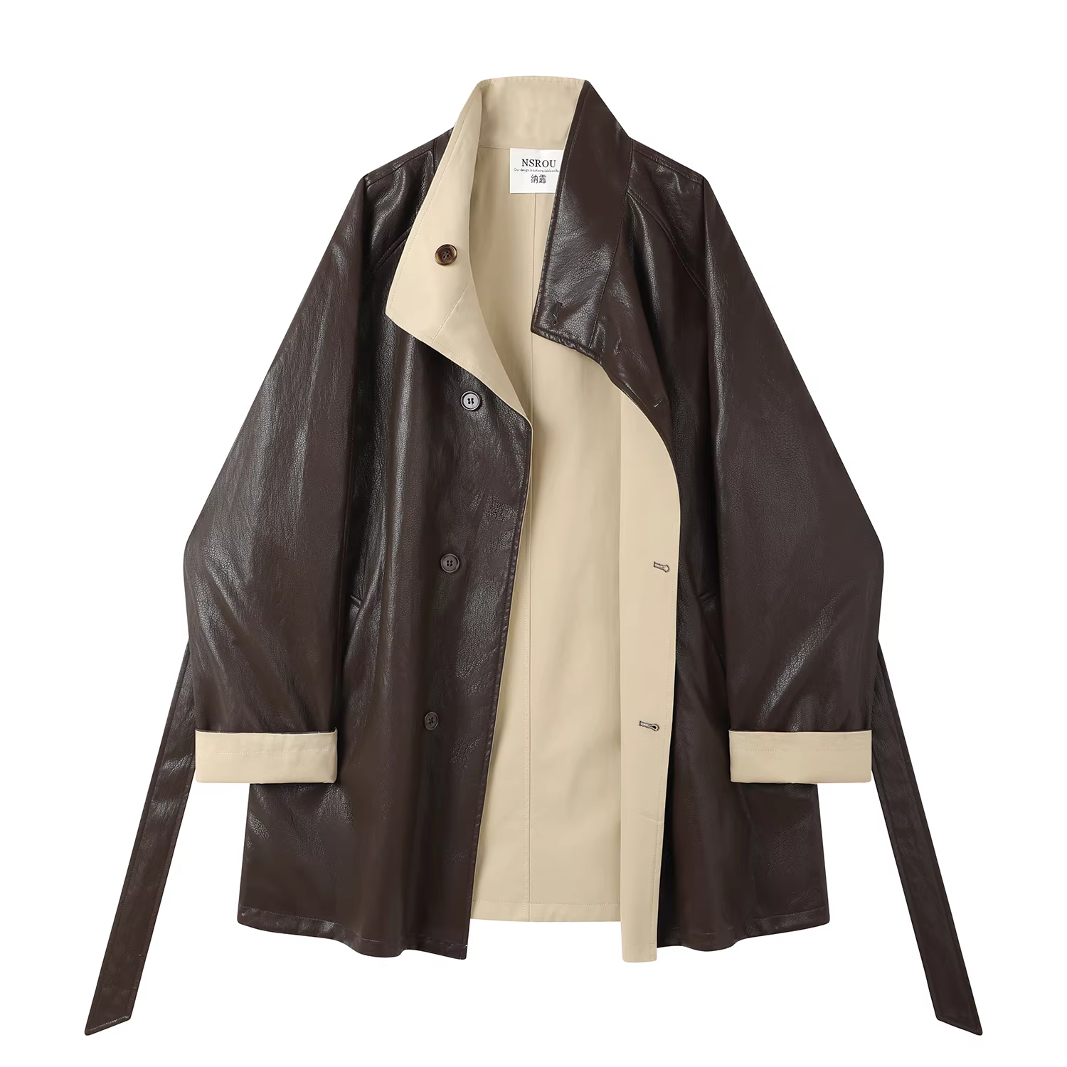 Áo khoác da cổ đứng cổ điển phong cách Hồng Kông dành cho nữ, áo khoác dài trung bình cao cấp màu cà phê Melard mùa thu