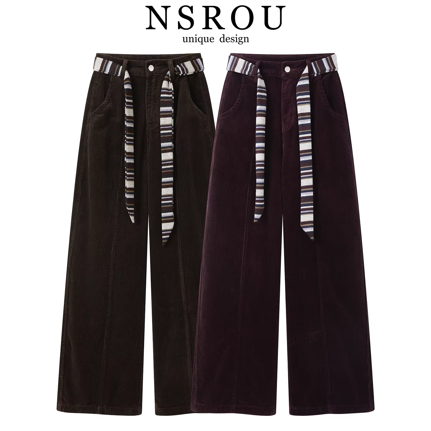 Quần ống rộng vải nhung đa năng kiểu Mỹ cổ điển dành cho nữ, quần dài dáng rộng cạp cao dáng suông dài đến sàn mùa thu