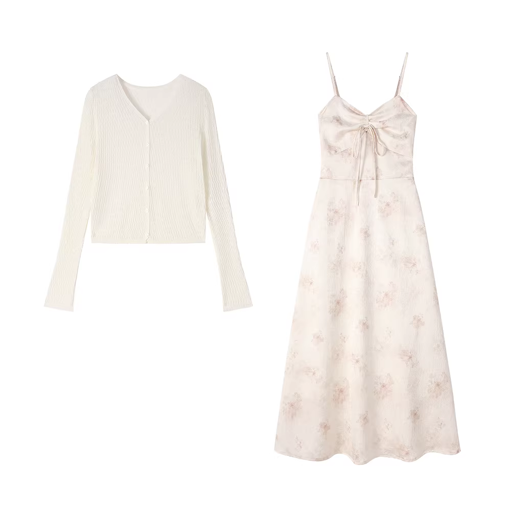 Váy dây hoa phong cách quốc gia nhẹ nhàng kiểu Pháp dành cho nữ, bộ áo cardigan váy dài chữ A cao cấp mùa xuân hè