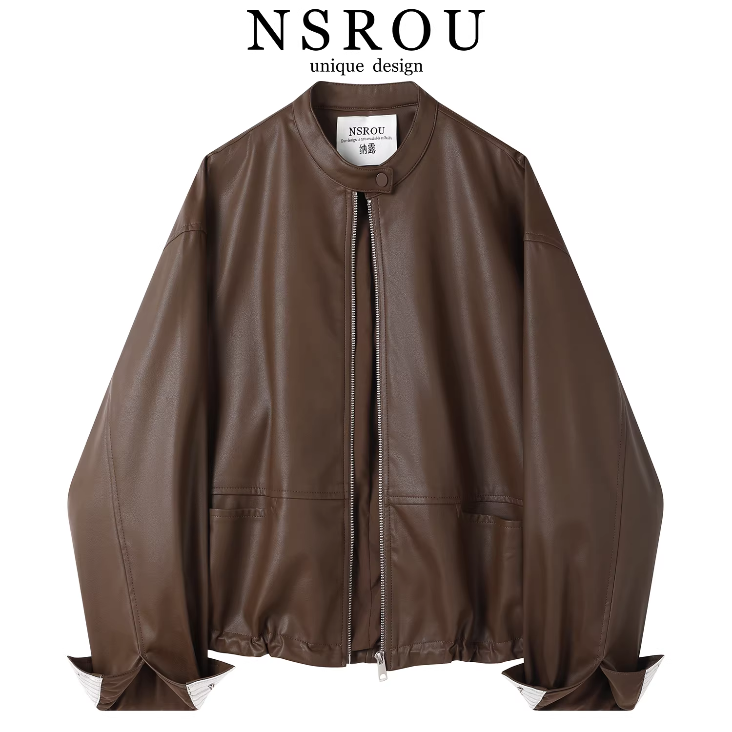 Áo khoác da ngắn cổ tròn màu cà phê cổ điển của Mỹ dành cho nữ, phong cách đầu thu mới, áo khoác biker nhỏ nhắn.