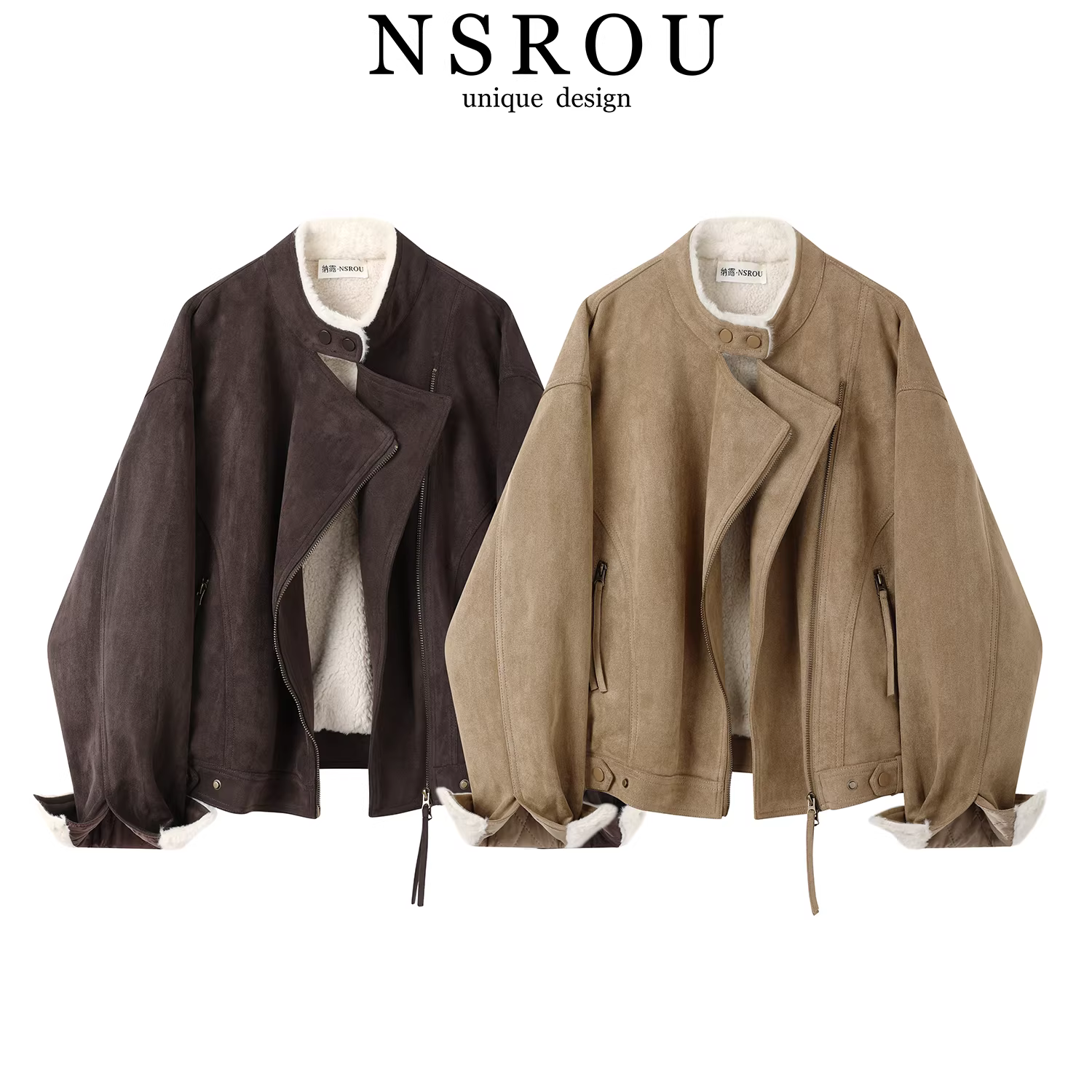 Áo khoác da lộn ngắn kiểu retro Maillard có lớp lót nhung dành cho nữ, mùa đông, áo khoác da cổ tròn cao cấp kiểu phi công