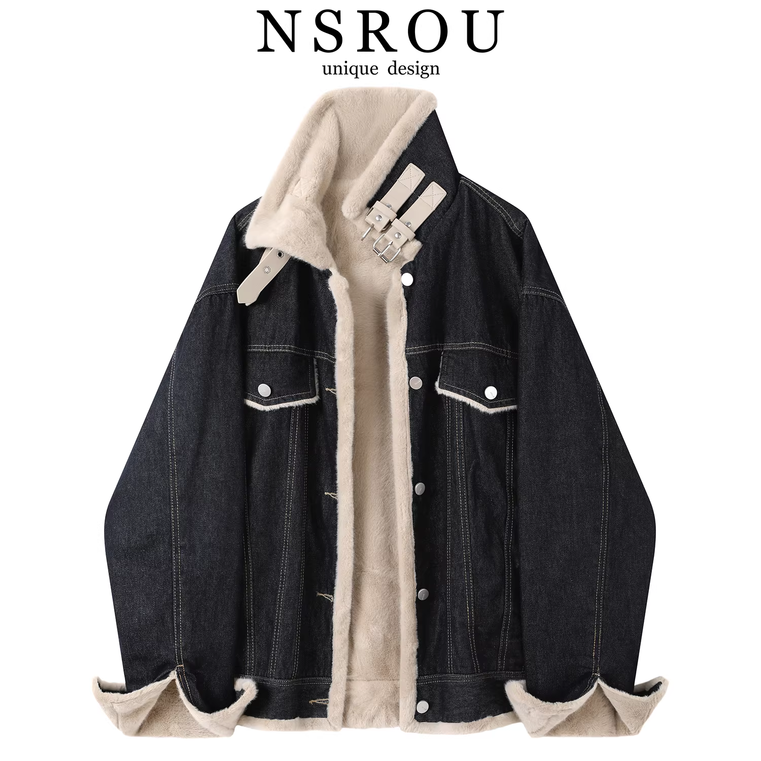 Áo khoác denim lót lông cừu kiểu Mỹ cổ điển dành cho nữ, áo khoác xe máy dài vừa phải mùa thu đông, áo kiểu dáng ôm dáng, phong cách thường ngày