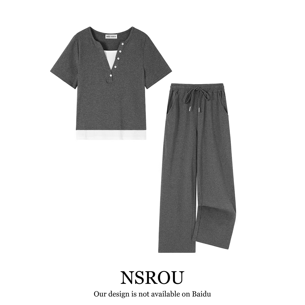 Bộ đồ giảm béo thông thường thời trang dành cho nữ, phong cách mùa hè mới, đơn giản và đa năng, áo ngắn tay giả hai mảnh và quần ống rộng, bộ hai mảnh