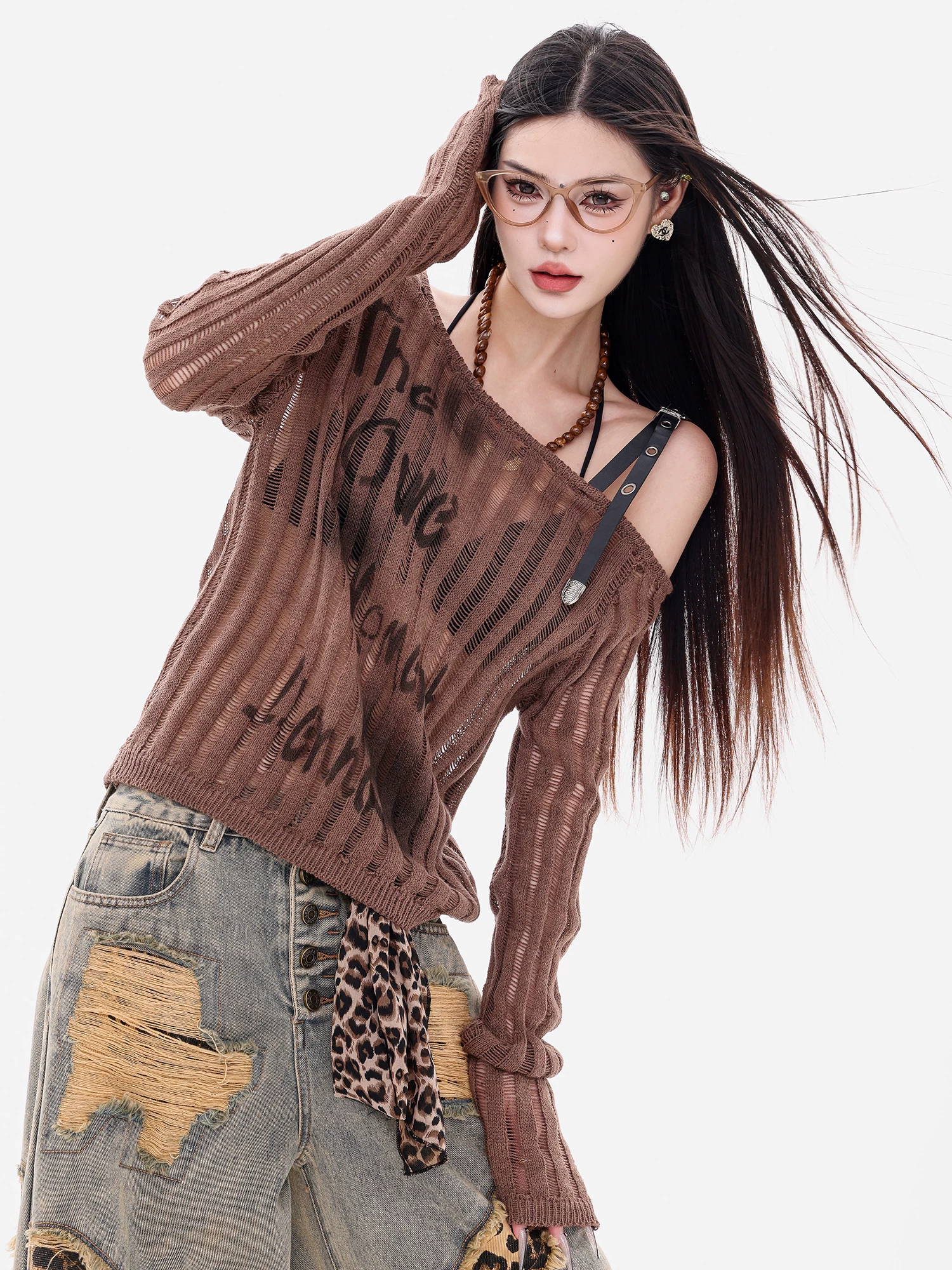 ABWEAR Autumn Messenger - Áo len dệt kim lệch vai kiểu Hàn Quốc nguyên bản dành cho nữ, thiết kế dáng rộng