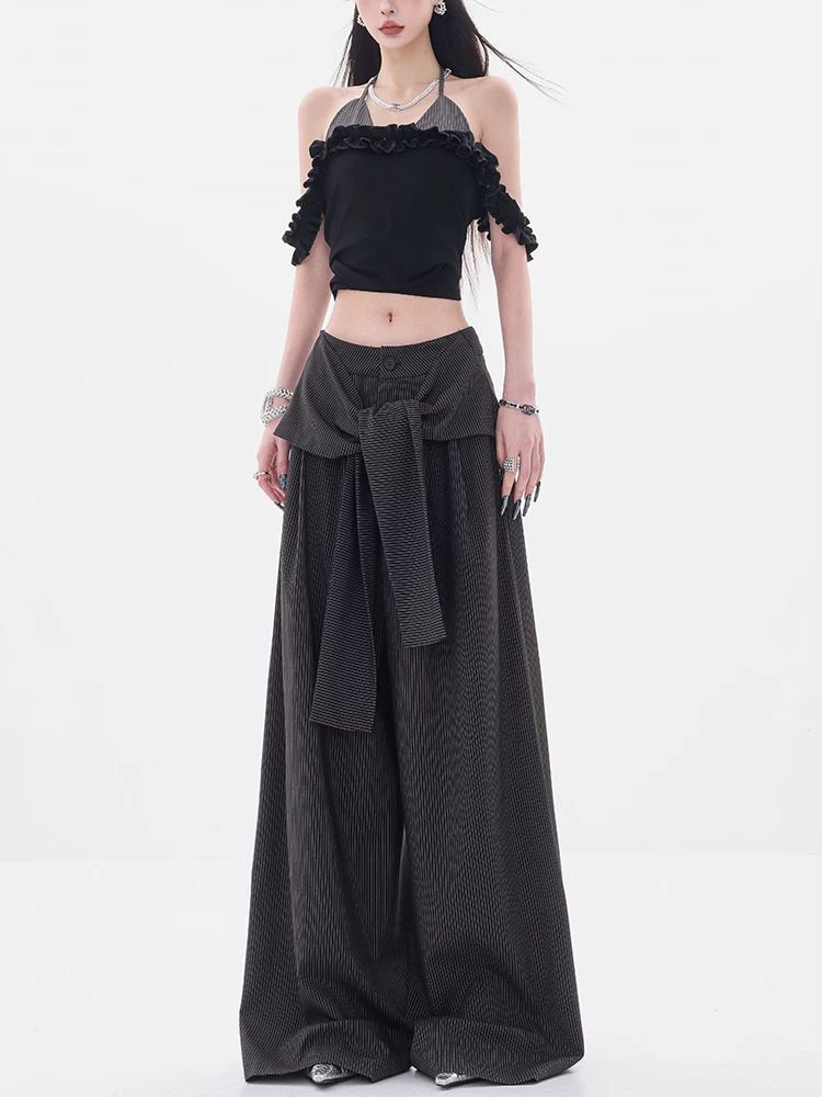 ABWEAR Urban Beauty - Quần dài giả hai mảnh sọc đen trắng nguyên bản có họa tiết chắp vá Quần ống rộng dáng rộng dành cho nữ