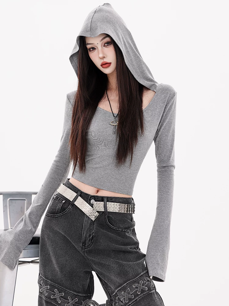 ABWEAR Bard - Áo thun dài tay có mũ trùm đầu màu xám nguyên bản dành cho nữ, áo ngắn dáng ôm mới đầu mùa thu