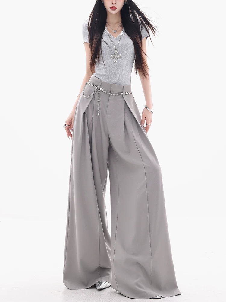 ABWEAR Foggy City Dawn - Bộ đồ ống rộng màu xám nguyên bản dành cho nữ 2025 Phong cách dáng rộng mỏng mùa hè mới