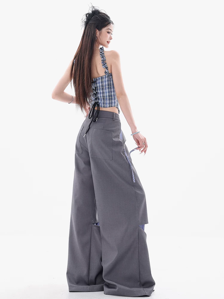 ABWEAR Trà đá muối biển - Quần tây ống rộng giả hai mảnh màu xám thiết kế chắp vá dành cho nữ, dáng rộng ống thẳng