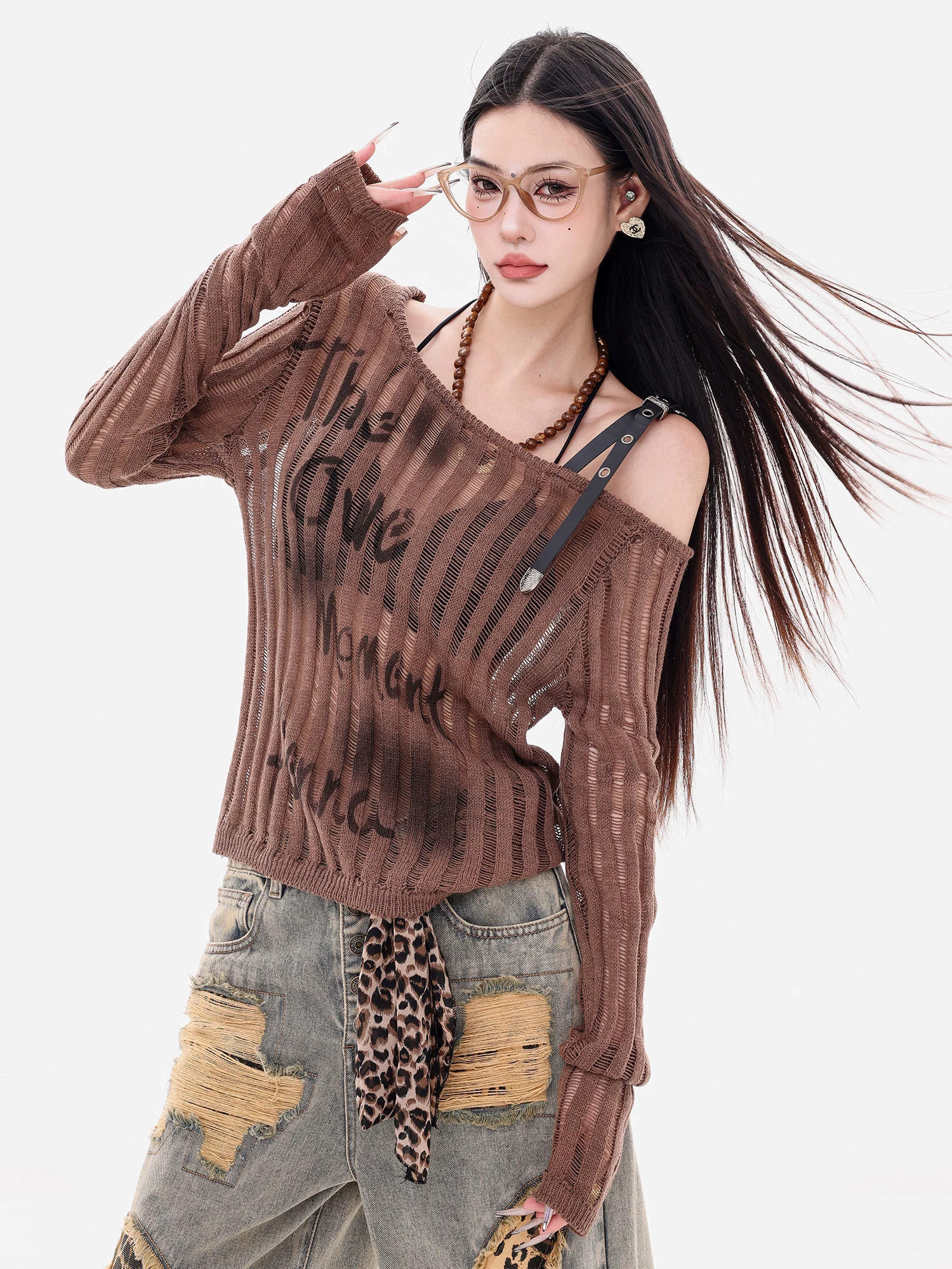 ABWEAR Autumn Messenger - Áo len dệt kim lệch vai kiểu Hàn Quốc nguyên bản dành cho nữ, thiết kế dáng rộng