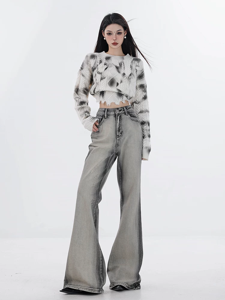 ABWAER Between the Real and the Illusory - Quần jean viền loe kiểu dáng ôm sát, màu ombre, chất liệu denim đã qua xử lý, dành cho nữ, kiểu dáng ôm sát, màu ombre