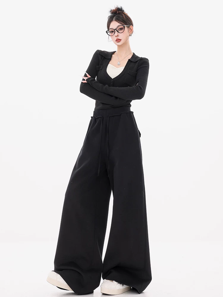 ABWEAR tin tức thời trang-quần dài thường ngày lưng thun màu đen phong cách Mỹ thu đông dành cho nữ 2025 quần thể thao ống rộng