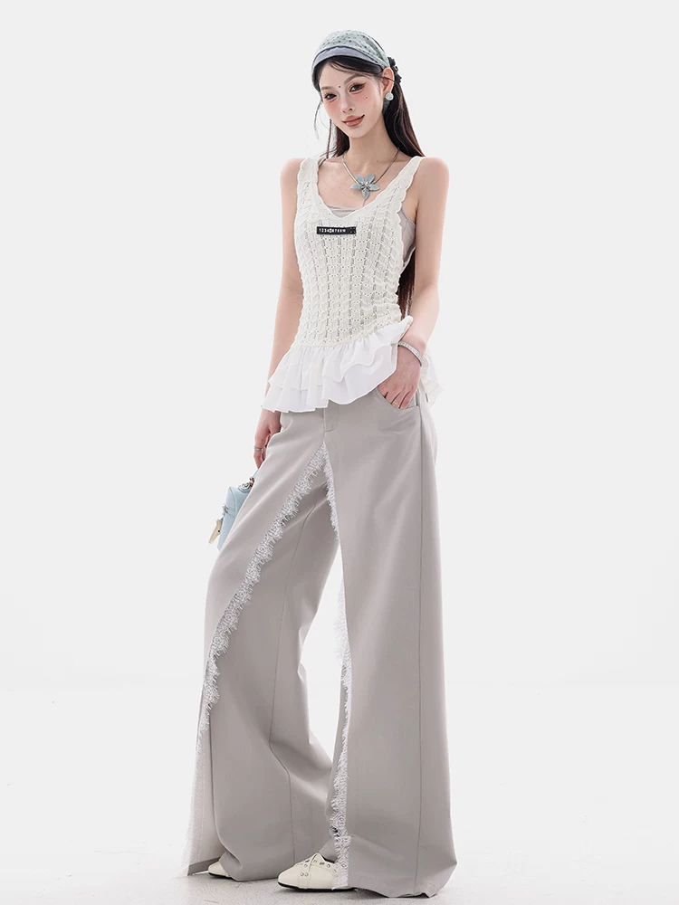Quần nữ ABWEAR Romantic Monologue - Quần giả hai mảnh phối ren độc đáo, kiểu dáng xuông rộng, mới năm 2025