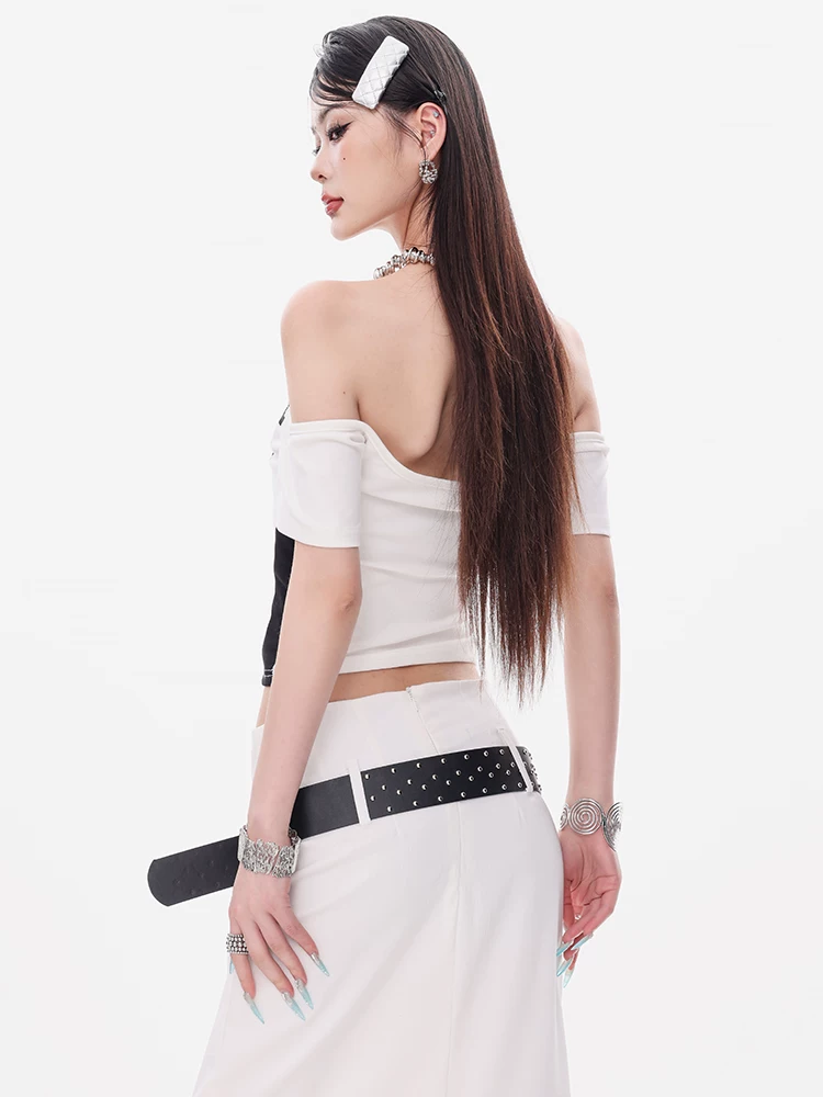 ABWEAR ngọt ngào tương phản - Áo thun ngắn tay thiết kế chữ nơ độc đáo dành cho nữ, kiểu dáng ôm vừa vặn và áo một vai đa năng