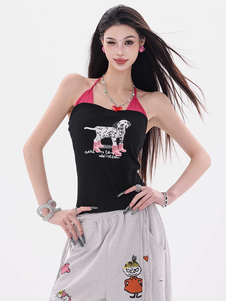 ABWEAR Cuộc sống hàng ngày dễ thương - Áo yếm thiết kế giả hai mảnh in hình chó con nguyên bản dành cho nữ Áo ôm eo vừa vặn