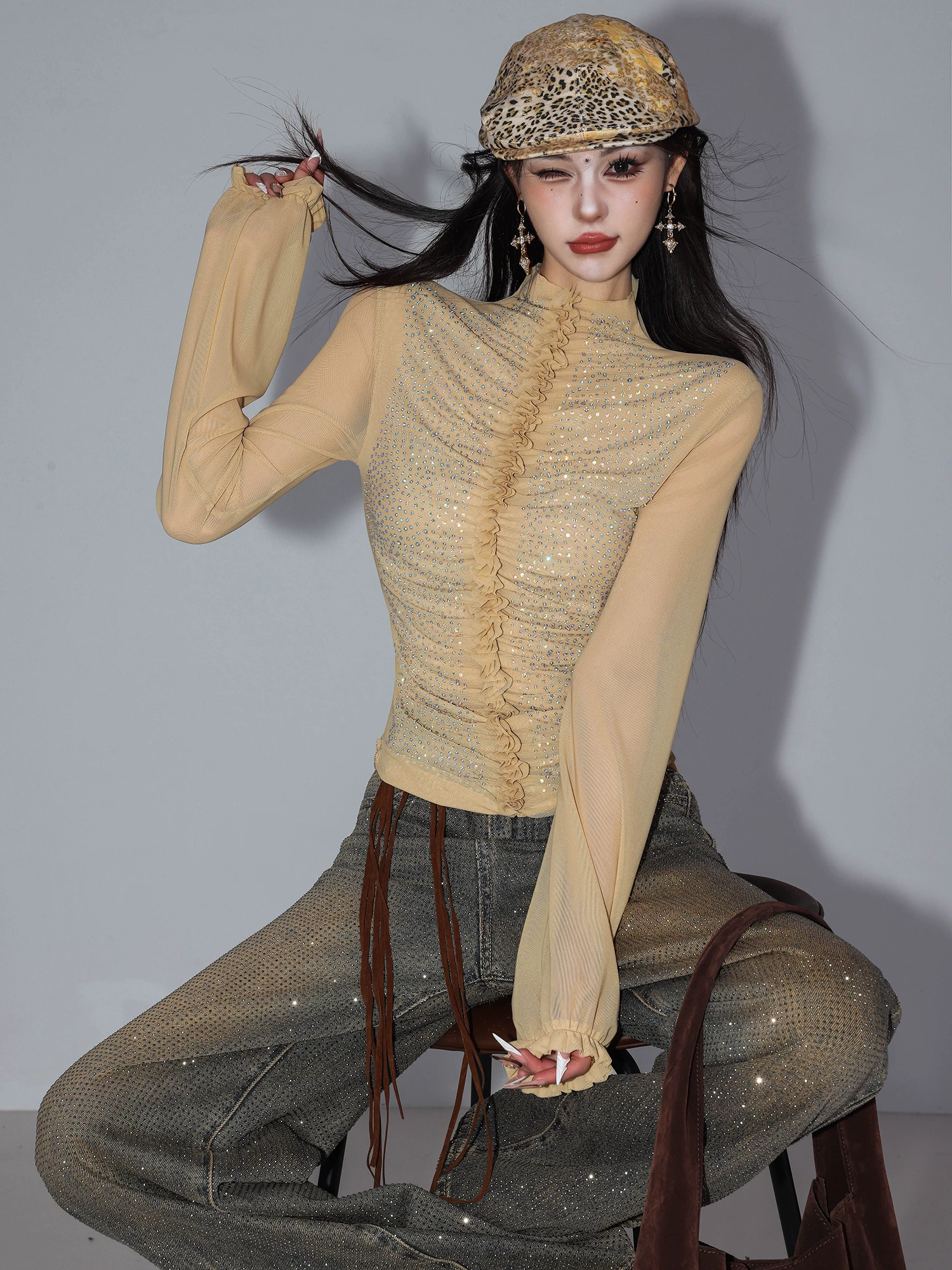 ABWLR Glittering Gold - Áo thun dài tay xếp ly bằng lưới đính đá nguyên bản dành cho nữ, Áo sơ mi dáng ôm vừa vặn mùa thu mới