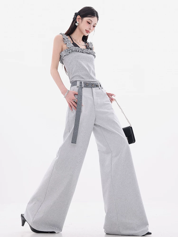 ABWEAR Romantic Roaming - Quần tây có thắt lưng màu xám mới nguyên bản dành cho nữ mùa hè Quần ống rộng dáng rộng thường ngày Quần thẳng