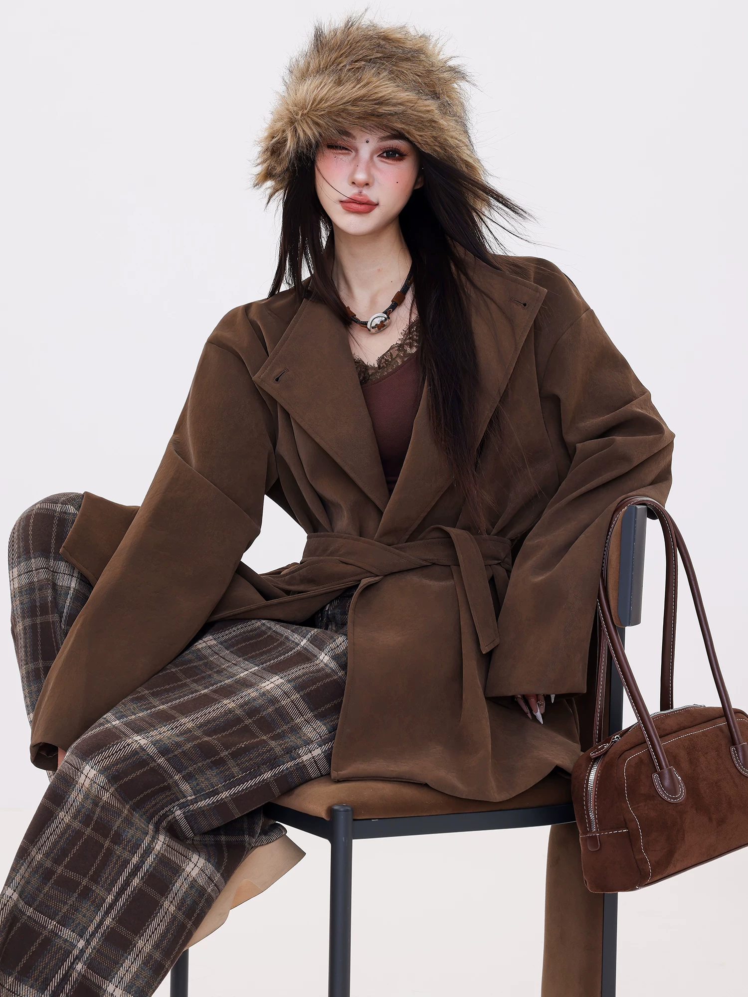 ABWLR Modern Autumn - Áo khoác da lộn cổ đứng cổ điển nguyên bản dành cho nữ, phong cách thu đông mới, áo khoác ôm eo cao cấp