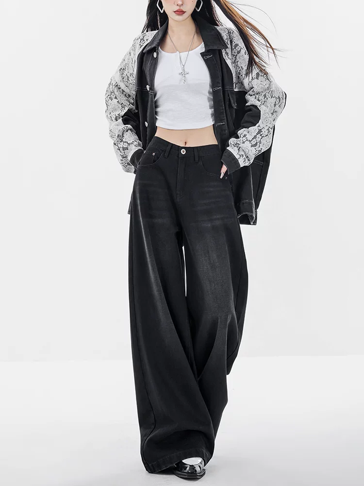 Quần jeans ống rộng màu đen thu đông ABWEAR dành cho nữ 2025, kiểu dáng mới, rộng rãi, dài chấm đất, dáng thẳng
