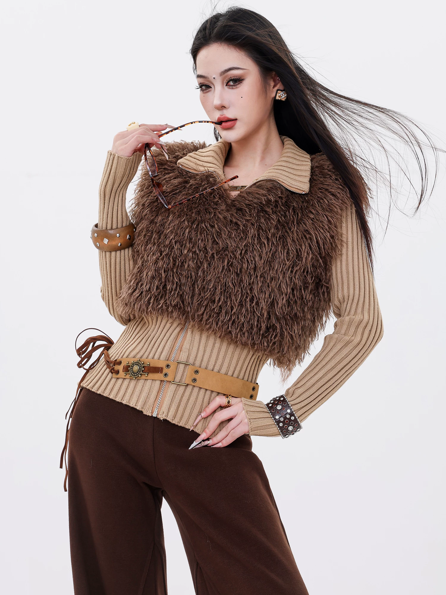 ABWLR Snow Top Mocha - Áo len dệt kim hai trong một bằng lông thú giả thân thiện với môi trường dành cho nữ, Áo khoác dài tay ôm vừa vặn cho mùa thu đông