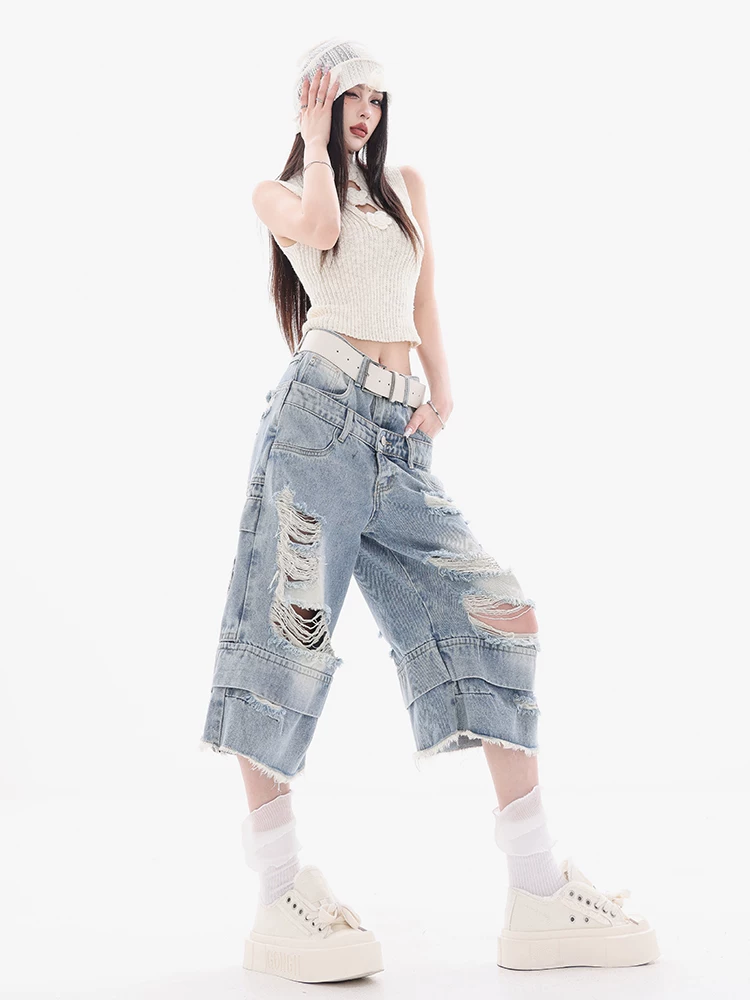 ABWEAR Beyond the Clouds - Quần short denim 7/8 có dây thắt lưng đôi nguyên bản đã được giặt sạch Quần short ống rộng dáng rộng dành cho nữ