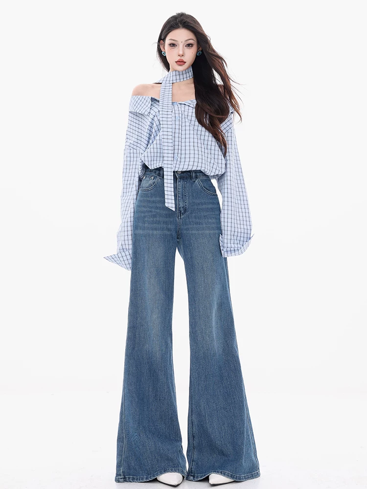 Quần jeans micro-flared cạp cao kiểu retro đã qua xử lý làm mềm của ABWEAR Law & Order - Mẫu mới năm 2025, quần ống rộng dáng chuông dành cho nữ