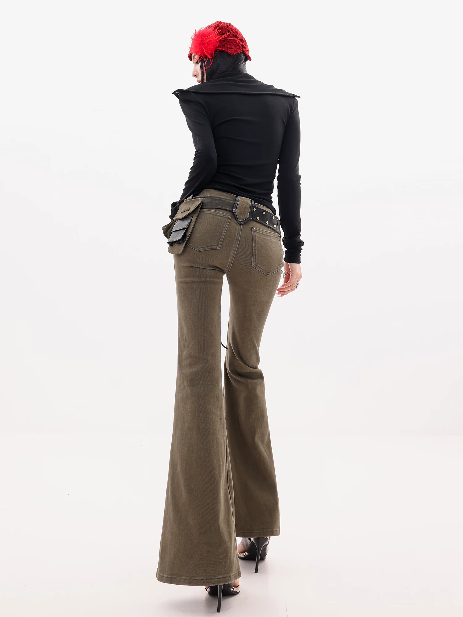 ABWLR Rebel Street-Quần jean công sở đinh tán cổ điển phong cách retro dành cho nữ, quần ống loe phong cách thu đông mới