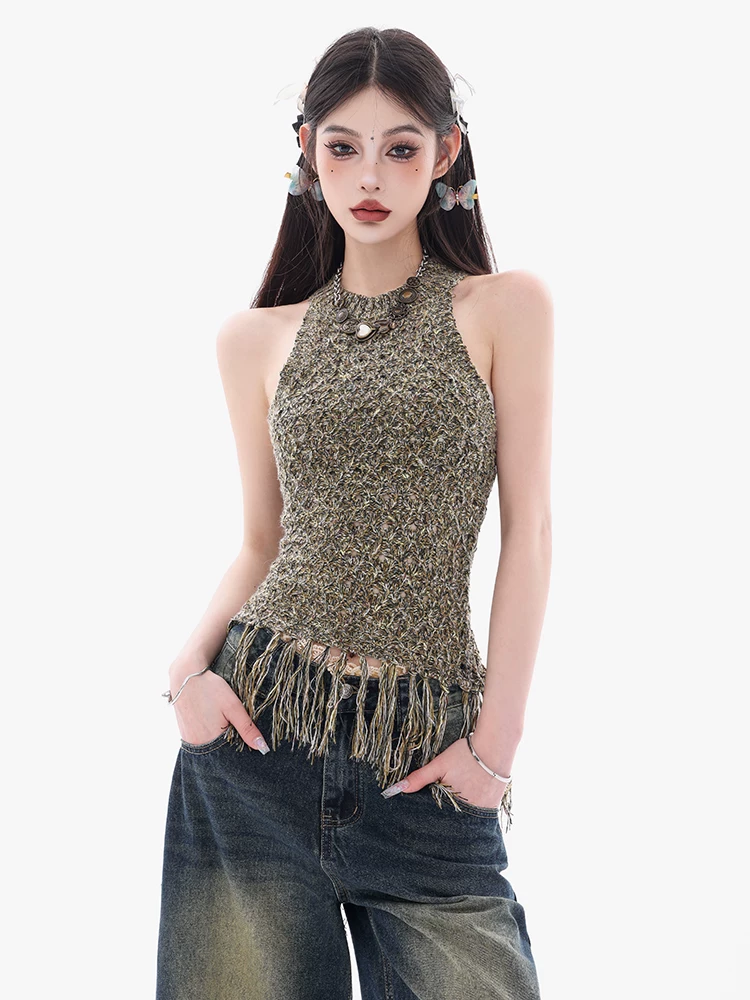 Áo ba lỗ thiết kế dây rút độc đáo và đầy màu sắc của ABWEAR dành cho nữ, áo không tay dệt kim khoét rỗng giúp thon gọn