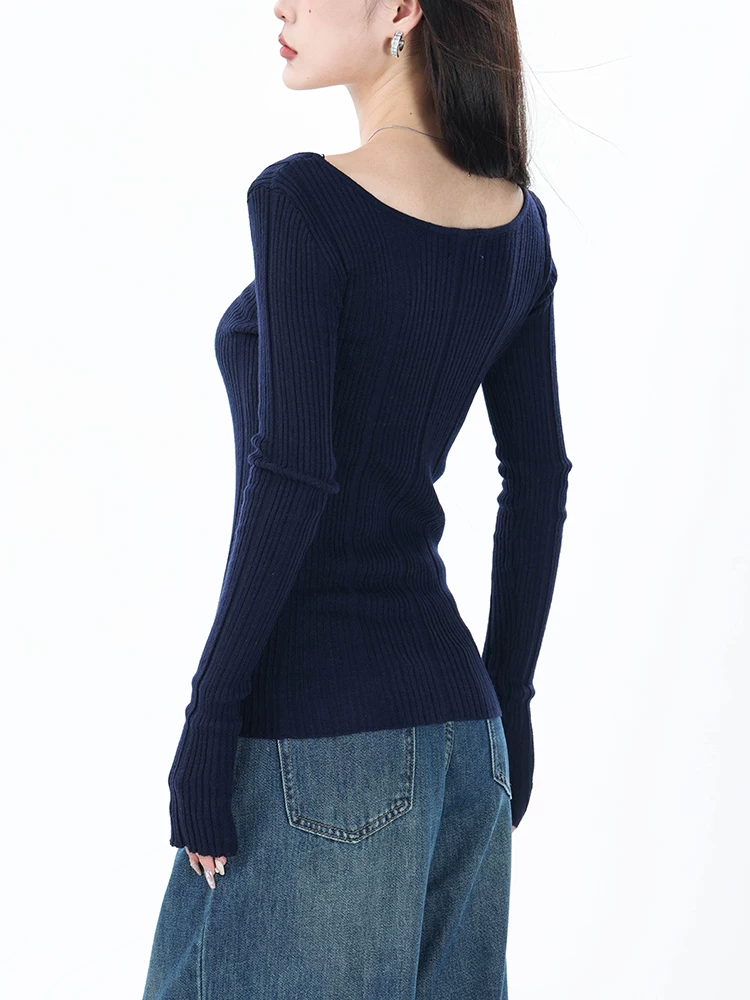 ABWEAR mùa thu đông áo len dài tay cổ tròn màu xanh hải quân màu trơn dệt kim thiết kế dành cho nữ áo sơ mi có gân ở dưới