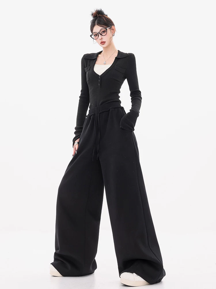 ABWEAR tin tức thời trang-quần dài thường ngày lưng thun màu đen phong cách Mỹ thu đông dành cho nữ 2025 quần thể thao ống rộng