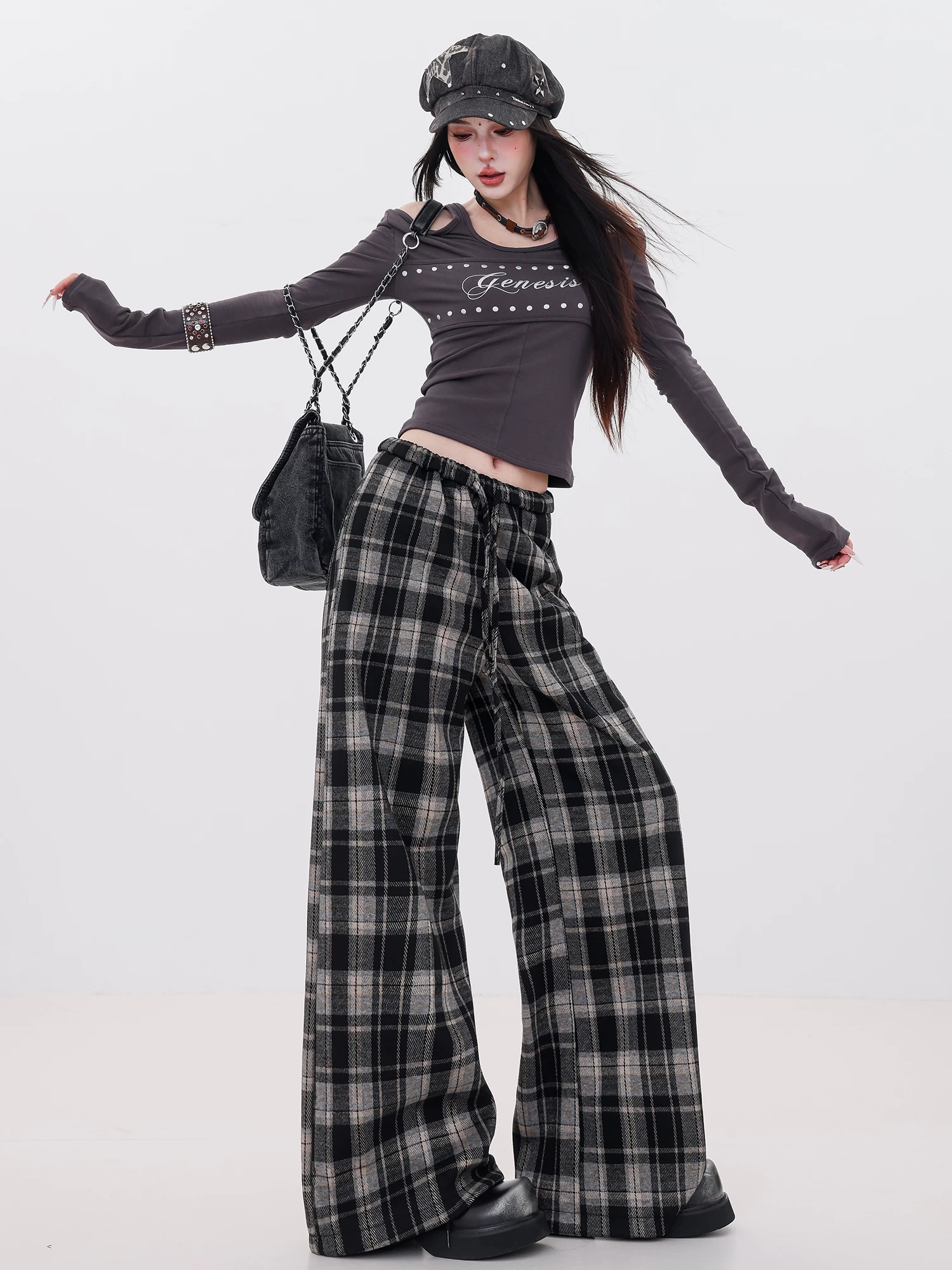 Quần ống rộng phong cách mùa đông ABWLR Velvet - Quần vải dạ kẻ ca rô lót lông cừu, kiểu dáng thường ngày dành cho nữ, mẫu mới 2025, đa năng, dáng thẳng