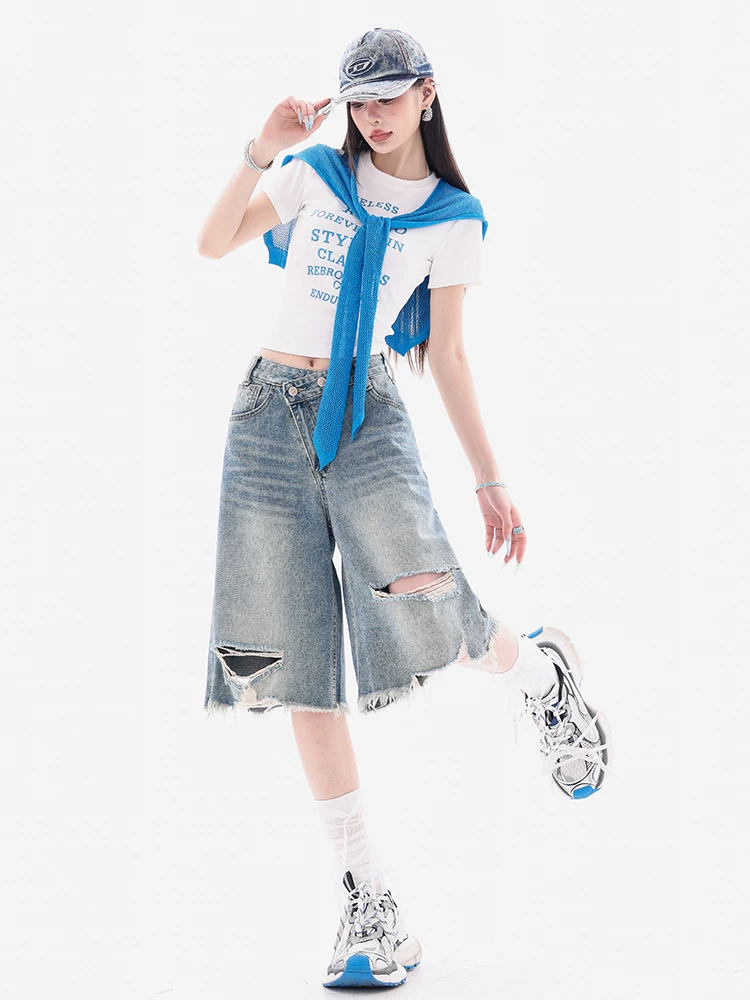 ABWEAR Sea Salt Soda - Quần short denim viền xù kiểu dáng cũ kỹ dành cho nữ, lưng cao, dáng rộng, quần short năm điểm dáng rộng giúp thon gọn
