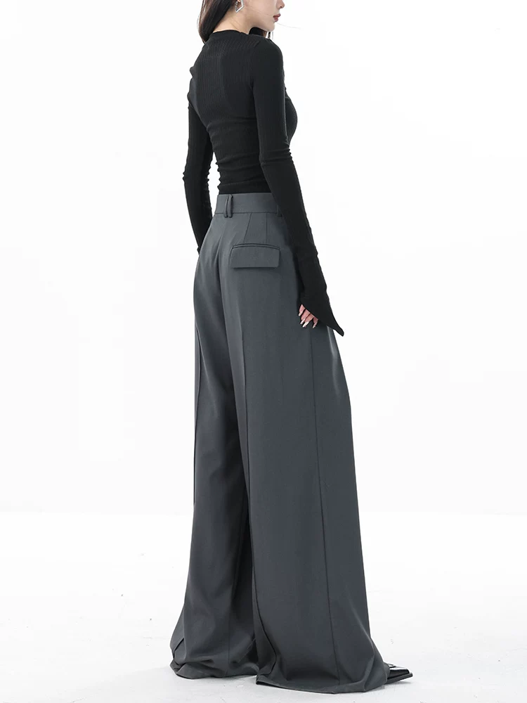 Quần âu nữ ABWEAR 2024 thu đông mới, màu xám, dáng rộng, suông, dài chấm đất, chất liệu mềm mại.