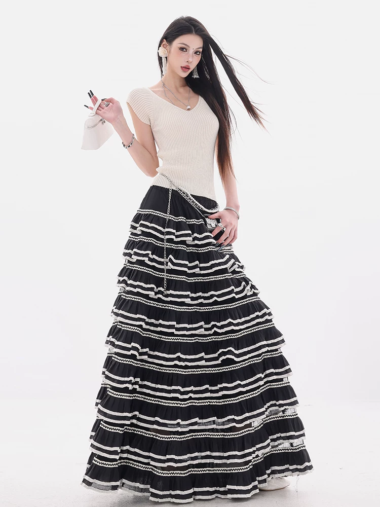 ABWEAR Dream Waltz - Váy thiết kế bánh ngọt phối màu tương phản nguyên bản dành cho nữ có eo co giãn và váy dài