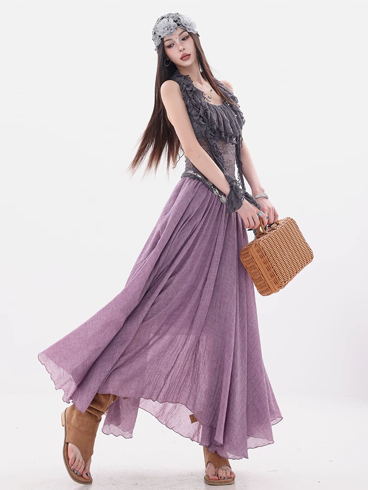 ABWEAR Tiệc trà ngọt kiểu Pháp - thiết kế eo thun nguyên bản Váy chữ A dành cho nữ, váy dài dáng rộng, giản dị