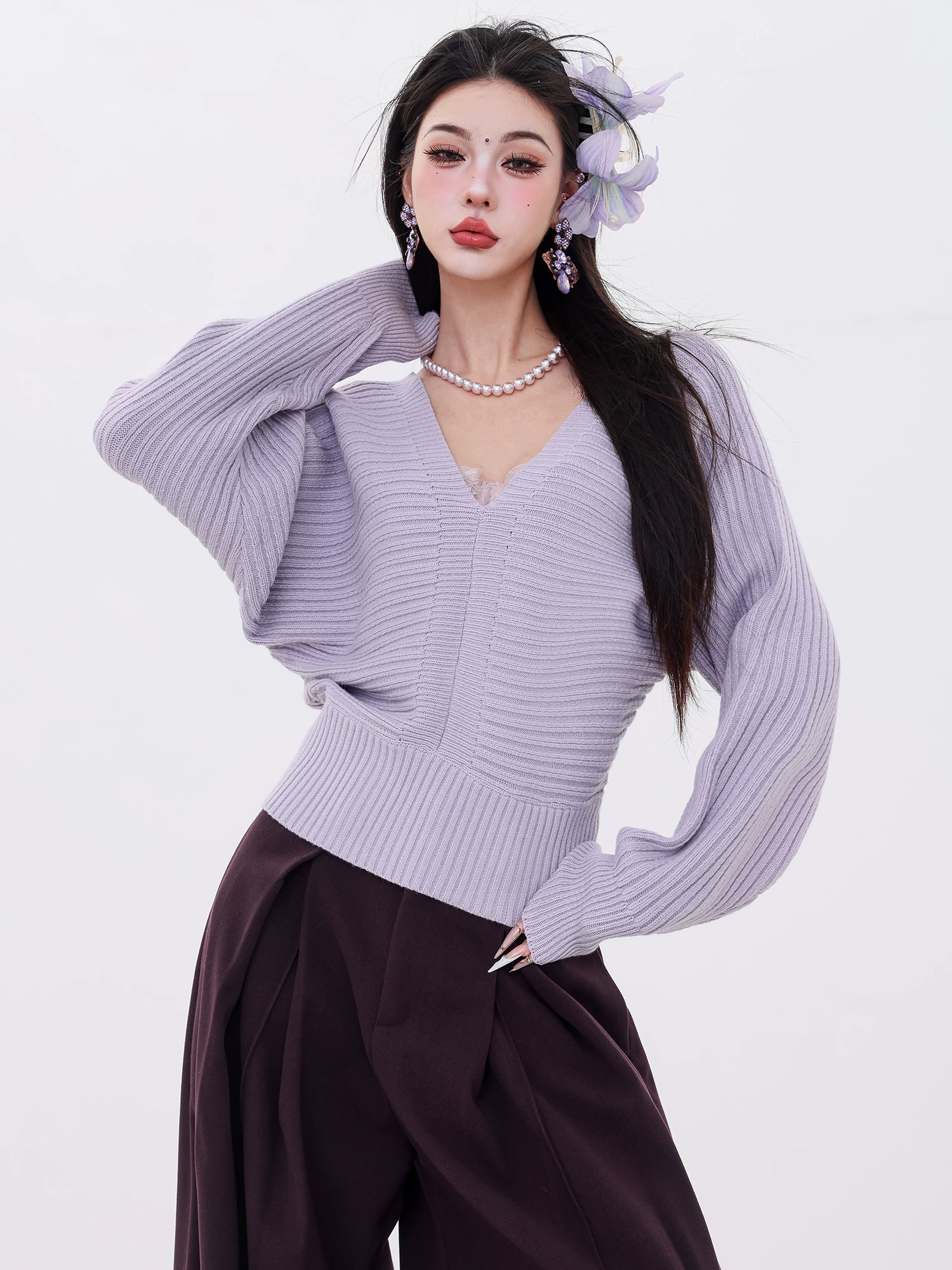 ABWLR Cinderella - Áo len dệt kim cổ chữ V kiểu Pháp nguyên bản dành cho nữ, dáng ôm, áo đa năng