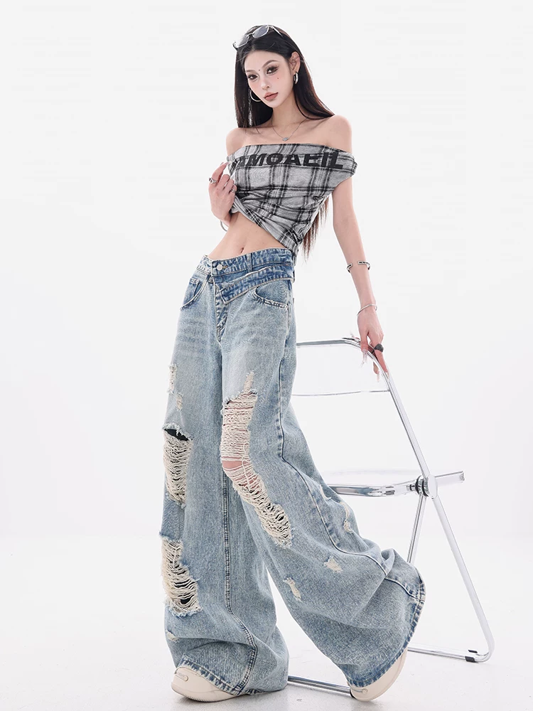 Quần jeans rách phong cách retro Mỹ nguyên bản của ABWEAR dành cho nữ mùa hè 2025, kiểu dáng rộng, ống rộng