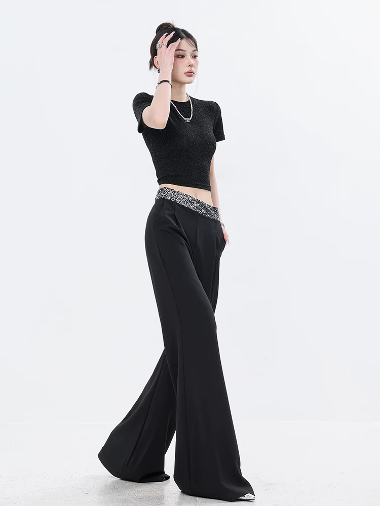 Quần dài xếp ly màu đen đính sequin ABWEAR dành cho nữ, quần ống rộng dáng rộng, lưng cao, dáng rộng, tôn dáng
