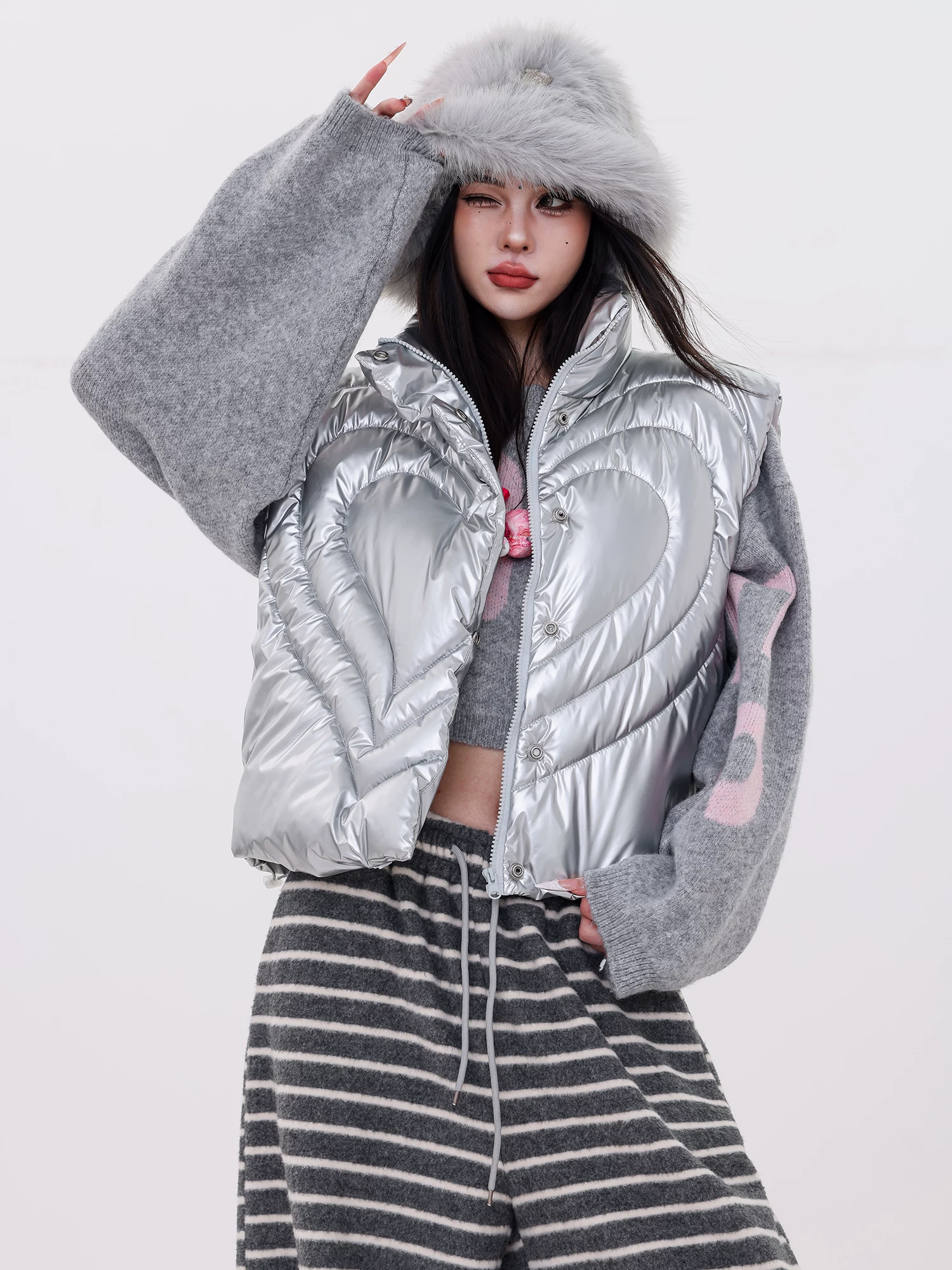 ABWLR Snowy Journey - Áo khoác cotton không tay kiểu dáng công nghệ tương lai nguyên bản Áo khoác cotton ngắn cổ đứng dành cho nữ