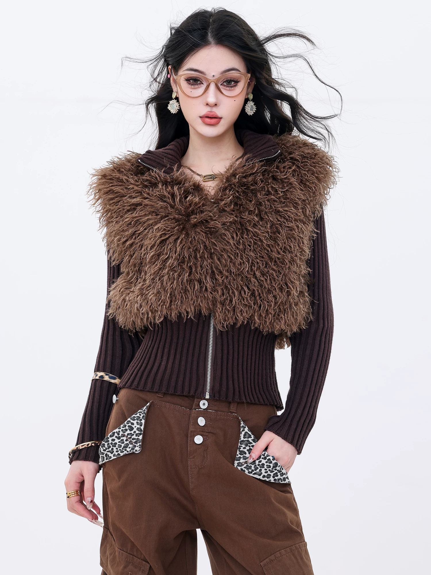 ABWLR Snow Top Mocha - Áo len dệt kim có khóa kéo thiết kế nguyên bản, áo len dệt kim có khóa kéo dành cho nữ, áo khoác len màu nâu