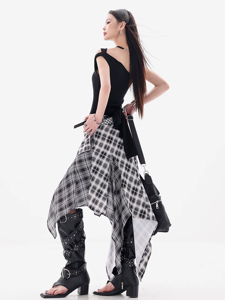 ABWEAR Wind-blown Half-Summer - Váy ba mảnh kẻ sọc đen trắng nguyên bản dành cho nữ với thiết kế bất đối xứng và váy dài cạp cao