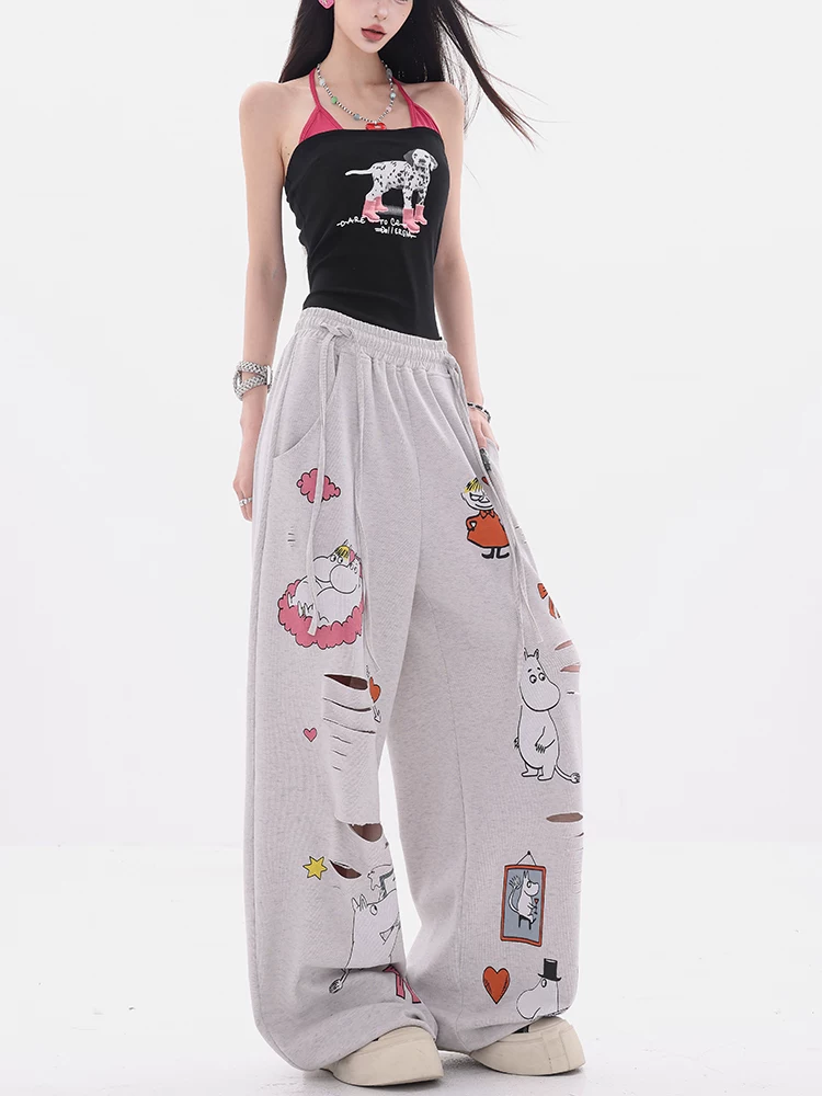 Công viên giải trí ABWEAR - Quần ống rộng in hình hoạt hình nguyên bản, quần ống rộng dáng rộng dành cho nữ