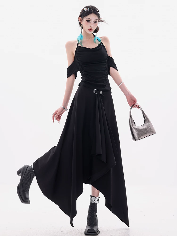 ABWEAR Wandering Painter - Váy đen độc đáo kiểu dáng bất quy tắc dành cho nữ Váy xẻ tà dáng chữ A dáng rộng