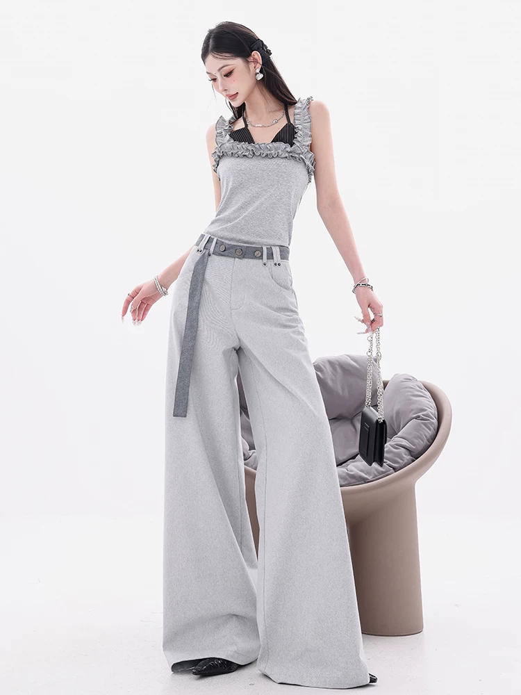 ABWEAR Romantic Roaming - Quần tây có thắt lưng màu xám mới nguyên bản dành cho nữ mùa hè Quần ống rộng dáng rộng thường ngày Quần thẳng