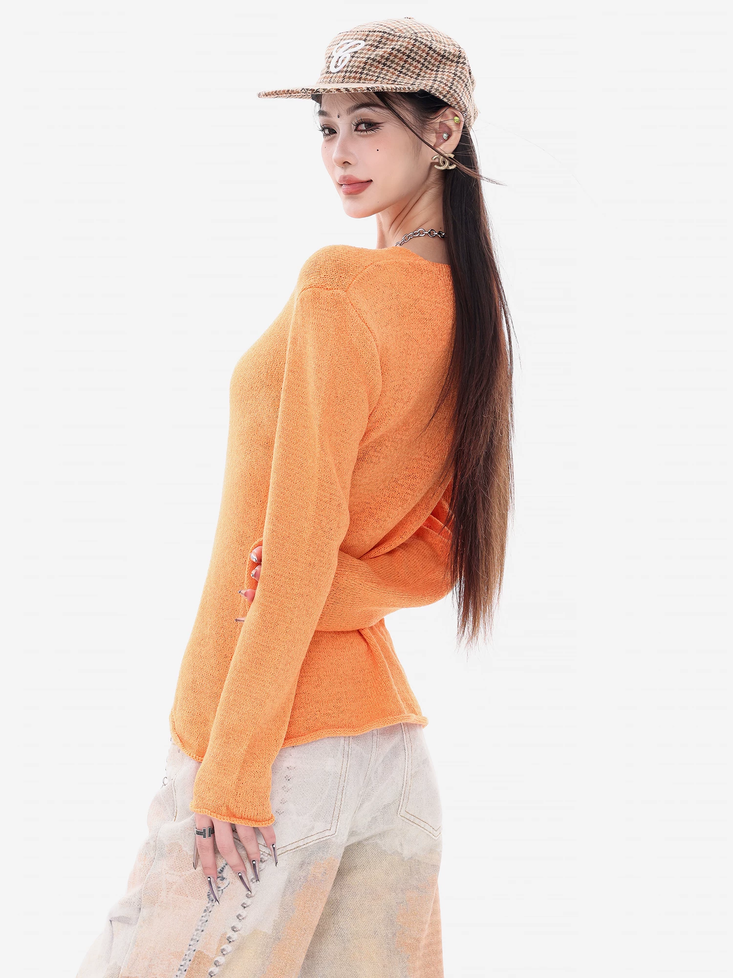ABWEAR Orange Moment - Áo len dệt kim màu cam thư giãn đầu thu nguyên bản dành cho nữ, áo cardigan dáng ôm vừa vặn