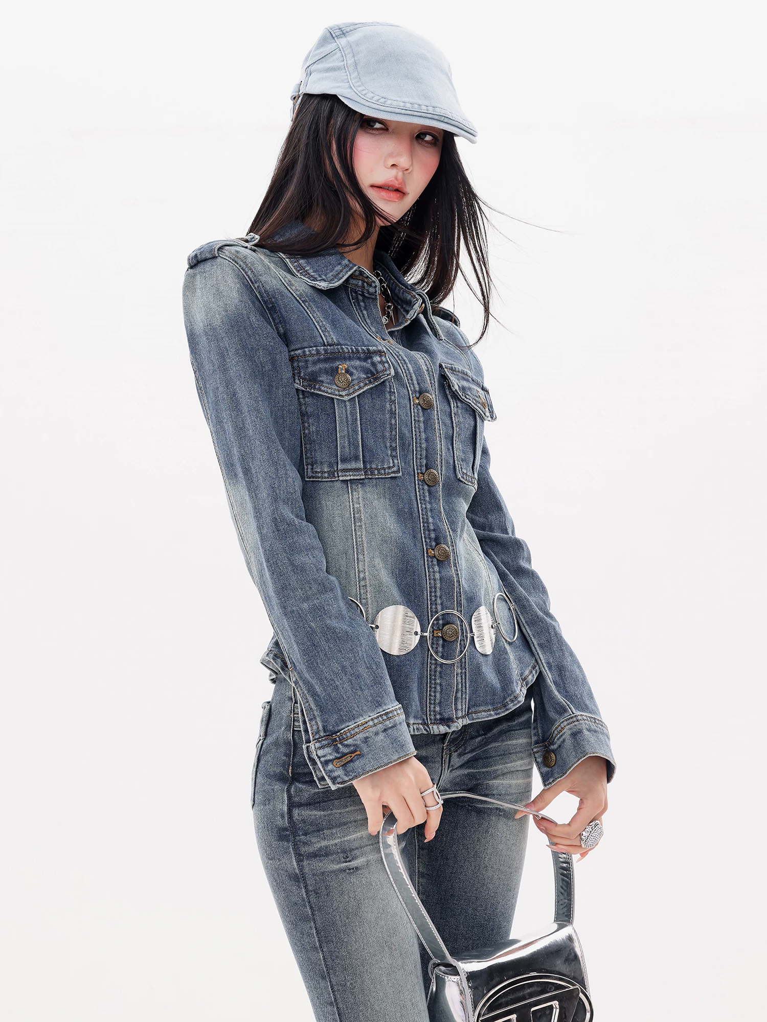 ABWLR Victoria Harbor Memory - Áo khoác denim có ve áo màu xanh nguyên bản dành cho nữ, áo sơ mi ngắn vừa vặn mới dành cho mùa thu đông