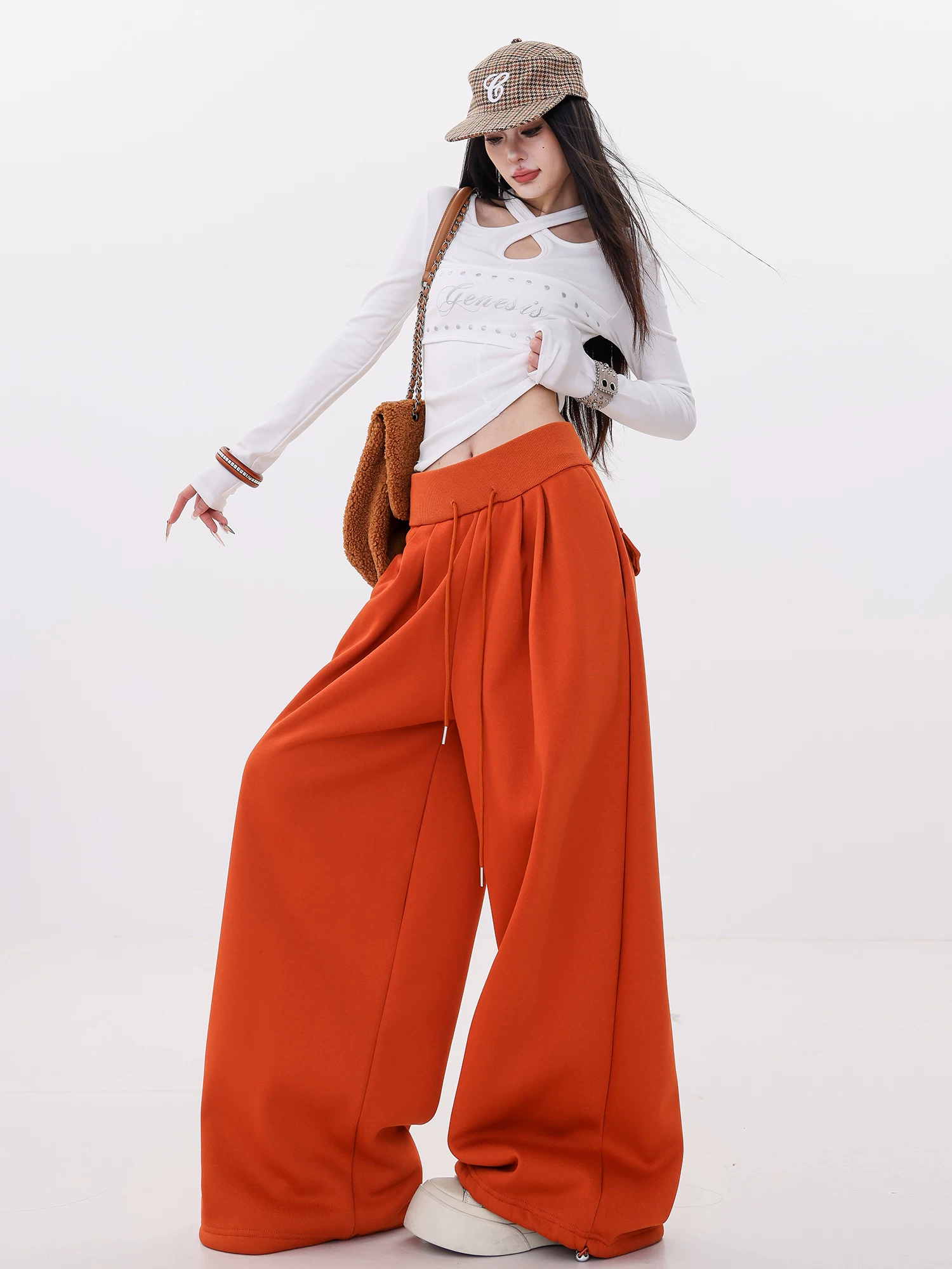 【Bộ sưu tập quần áo năm mới】Quần ống rộng dáng rộng có dây buộc kiểu lười biếng ABWLR có lót lông cừu dày dành cho nữ