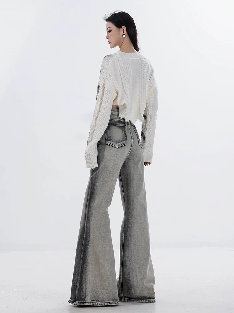 ABWAER Between the Real and the Illusory - Quần jean viền loe kiểu dáng ôm sát, màu ombre, chất liệu denim đã qua xử lý, dành cho nữ, kiểu dáng ôm sát, màu ombre